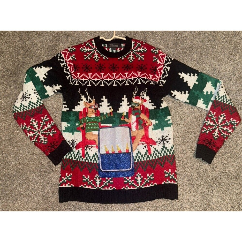 Y2K Ugly Christmas Sweater Pocket Reindeer Cheers Drink MENS Small Unisex Red